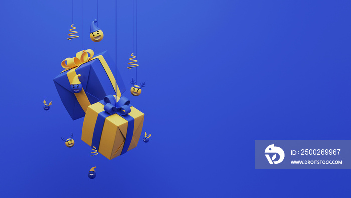 3D Rendering Gift Boxes With Scribble Xmas Tree Hang, Happy Emojies And Copy Space On Blue Backgroun