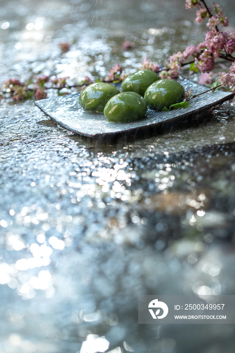 雨中水面上的青团和桃花