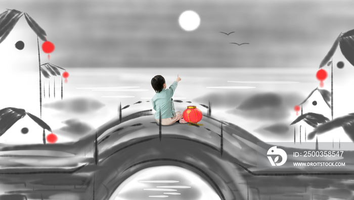 小男孩坐在桥上看月亮