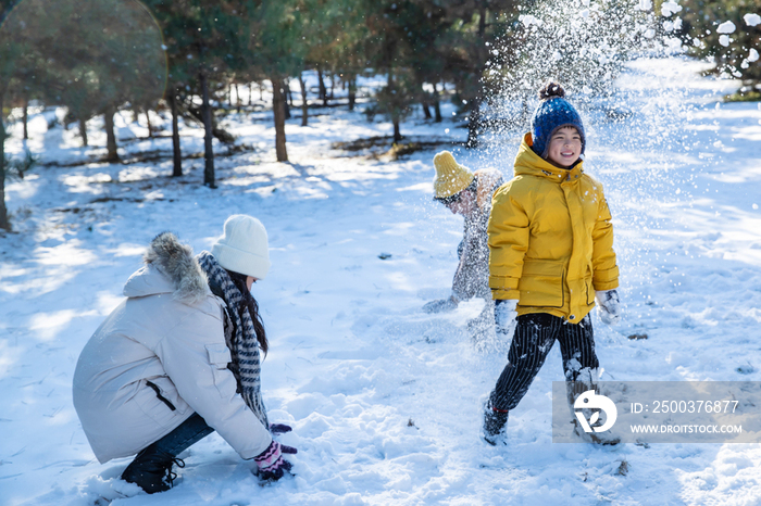 快乐的一家人在雪地上玩耍