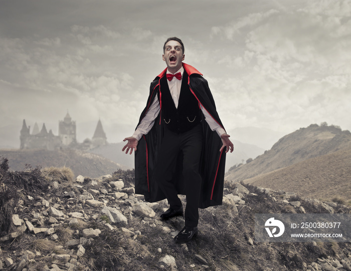 man disguised as dracula with his castle behind him