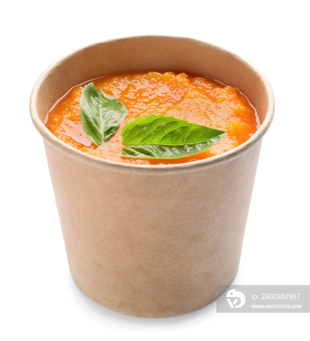 Tasty pumpkin cream soup in cup on white background