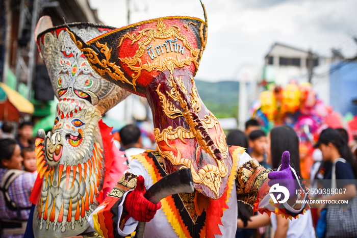 Phi Ta Khon festival Ghost mask and colorful costume Fun Traditional Tradition Very famous