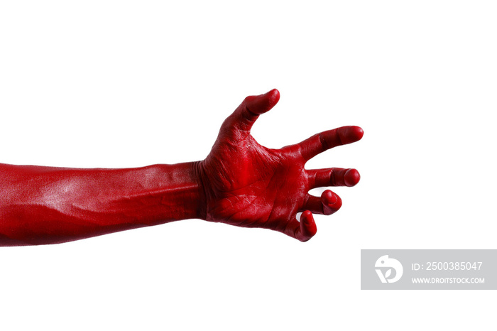 Halloween red devil monster hand isolated on white background.