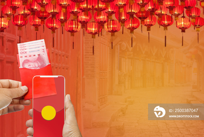 Chinese new year , mobile red pocket wallet on cellphone.