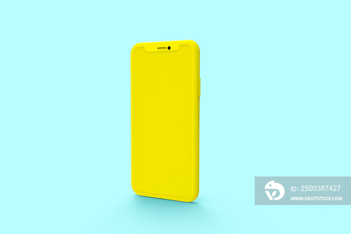 yellow smart phone with empty screen soft blue background with copy space