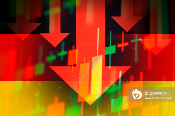 Dropping arrows showing decreasing trend in economy in global crisis or downtrend of stocks on the s