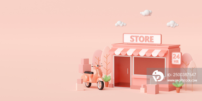 E-commerce concept, Convenience store and delivery service by scooter, 3d illustration