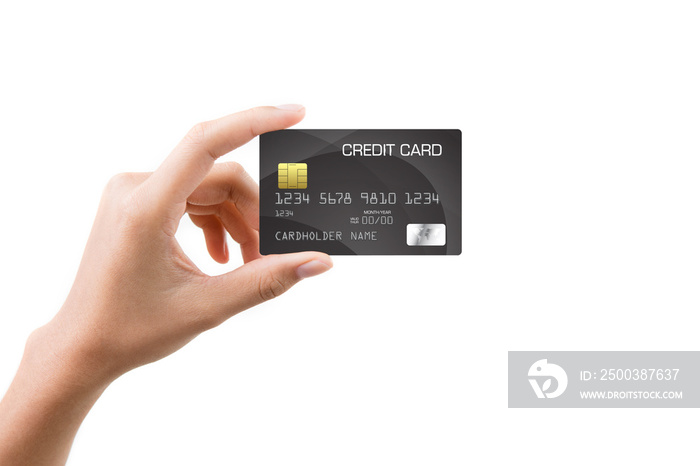 Female hand holding a bank card isolated on white background