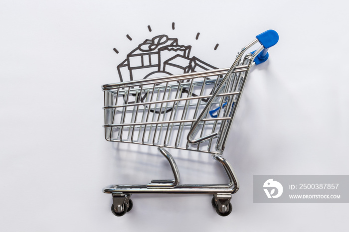 Shopping cart with hand drawn shopping items.