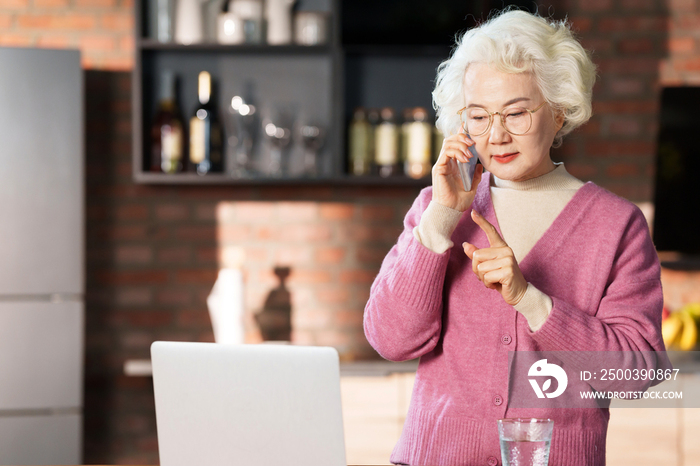 老年女性边使用电脑边打电话