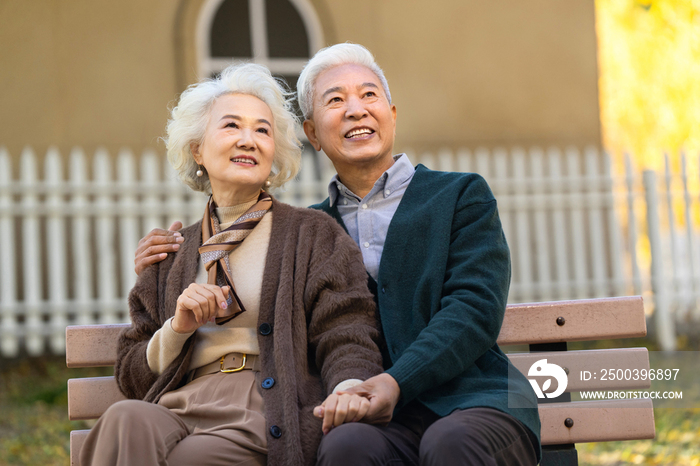 幸福的老年夫妇坐在长椅上