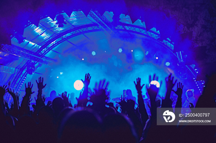 Abstract blur atmosphere: happy people enjoying outdoor music festival concert, raised up hands and 