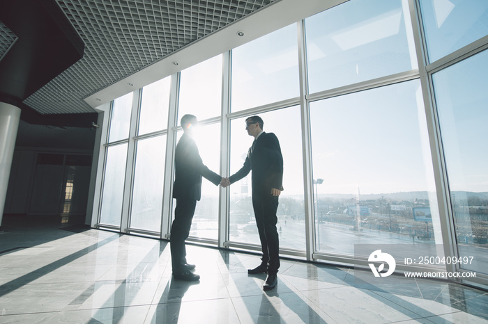 Two young businessmen are shaking hands with each other standing against panoramic windows.