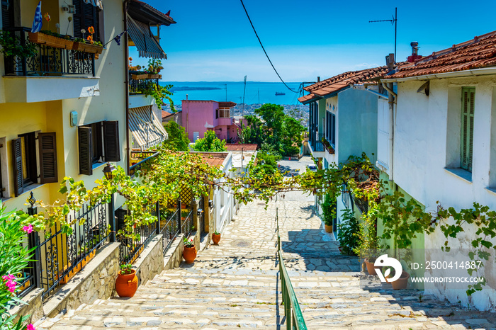 View of a narrow street in the old town of Thessaloniki, Greece