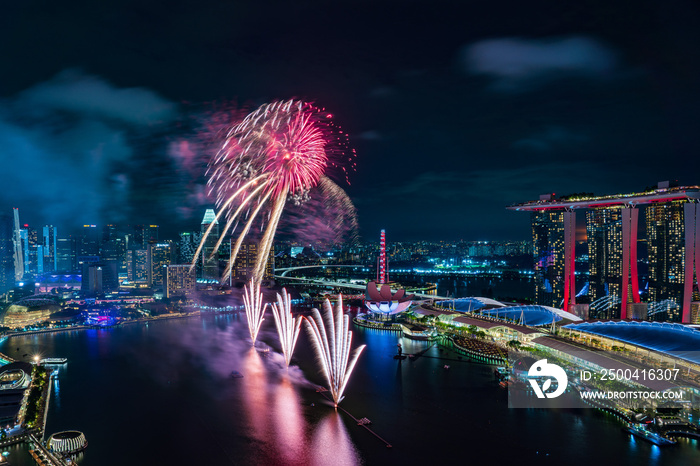 Singapore national day fireworks celebration at Marina Bay cityscape