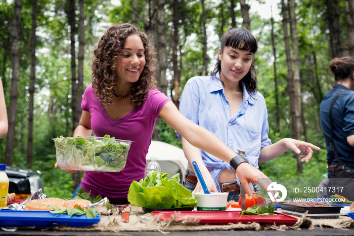 Female friends preparing picnic dinner