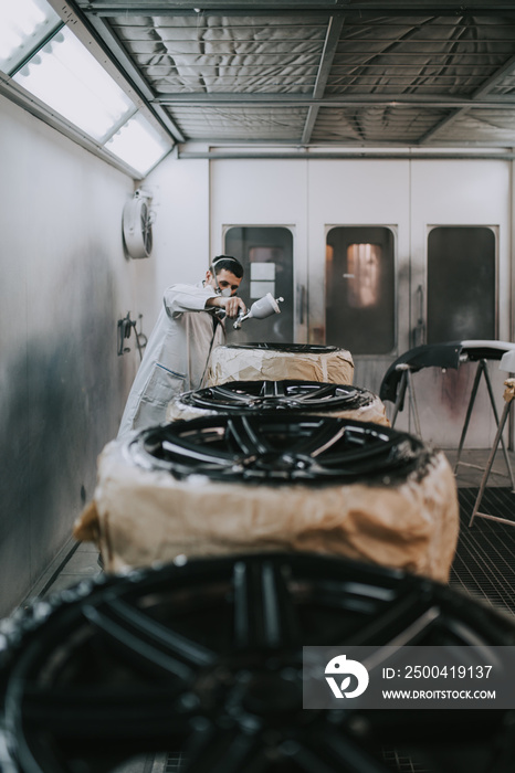 Man with protective clothes and mask painting car parts using spray compressor. Selective focus.