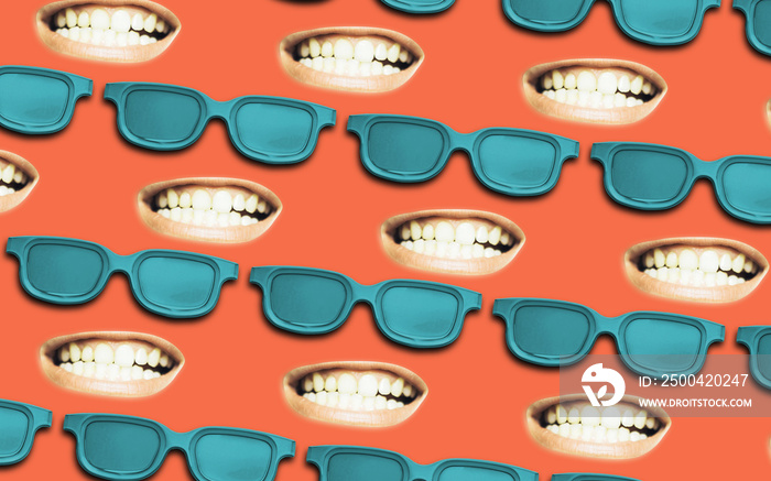 Glasses with open mouth shows a teeth. Beautiful  Creative flat background.