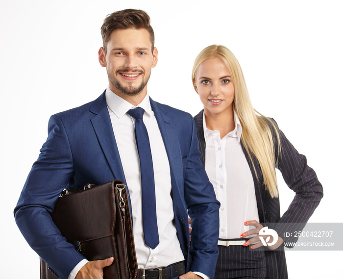 Young smiling business woman and business man isolated over whit