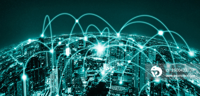 现代创意电信和互联网在智慧城市中的连接。5G无线的概念