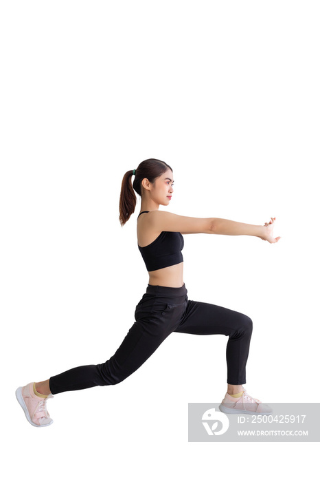 Southeast Asian woman in black workout clothes stretching. isolated on a white background