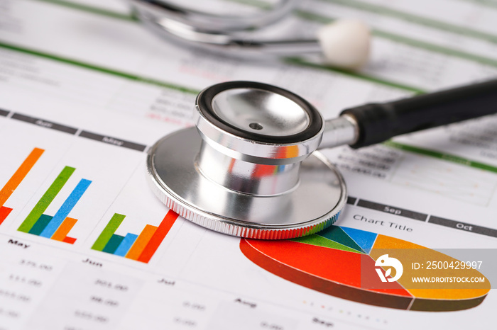 Stethoscope on charts and graphs spreadsheet paper, Finance, Account, Statistics, Investment, Analyt