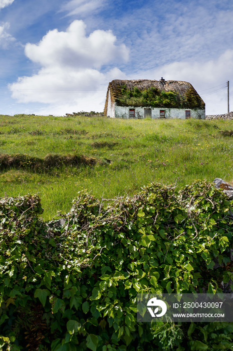 温暖晴朗的日子里，蓝天下，田野里的古老乡间小屋。伊尼什莫尔，阿兰群岛，戈尔韦县。