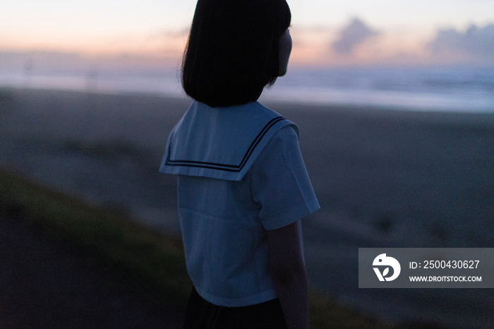 女子高生　海　後ろ姿　輝き