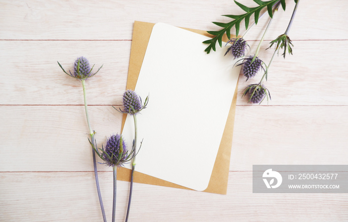 Greeting card with purple dry flowers and green leaves, ポストカードとドライフラワー、季節の挨拶