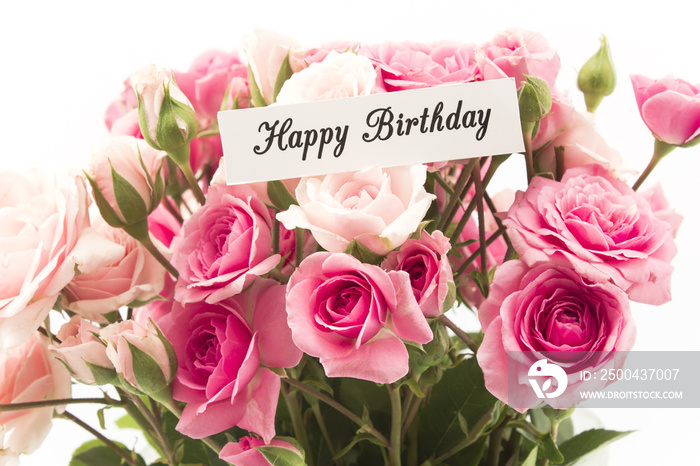 Happy Birthday Card with Bouquet of Pink Roses