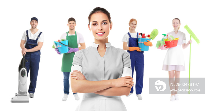 Chambermaid and professional team of cleaning service on white background