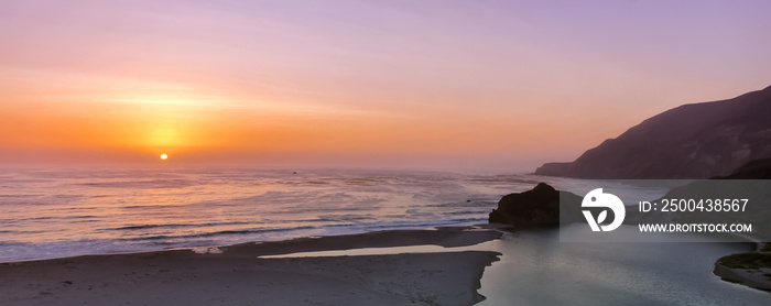 Sunset over Little Sur River mouth. Big Sur, Monterey County, California, USA.