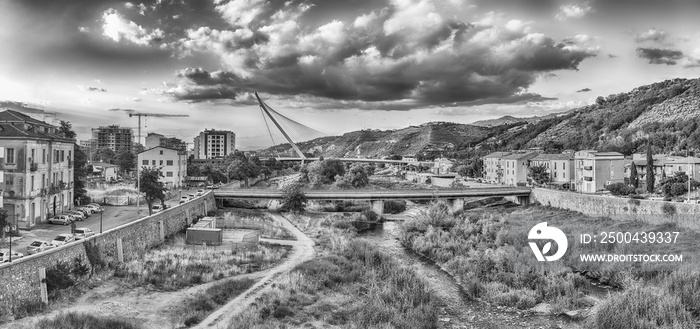 View over the Crathis river and Calatravas Bridge, Cosenza, Italy