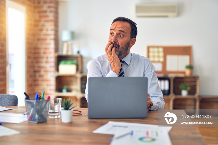 Middle age handsome businessman wearing tie sitting using laptop at the office looking stressed and 