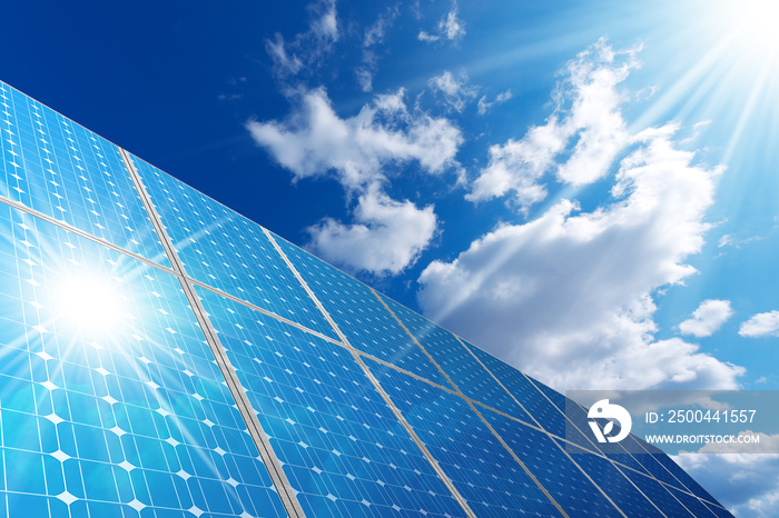 Solar Panels - Blue Sky Clouds and Sun Rays