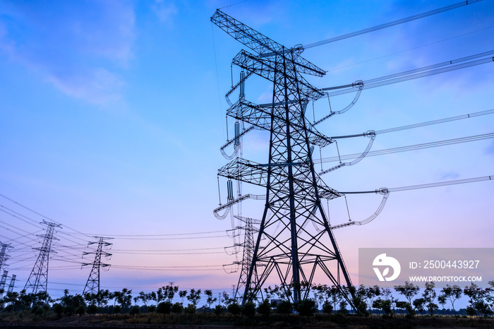 High voltage electricity tower sky sunset landscape,industrial background.