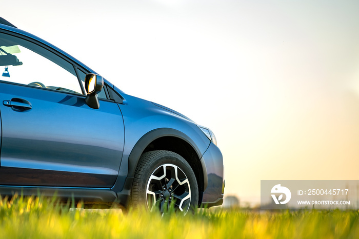 Close up of blue off road car on green grass. Traveling by auto, adventure in wildlife, expedition o