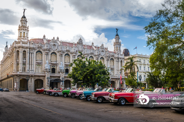 Cuban colorful vintage cars in front of the Gran Teatro - Havana, Cuba