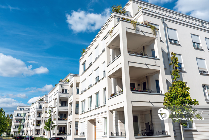 Newly built white apartment buildings seen in Berlin, Germany