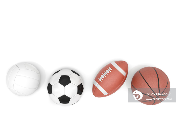Sports balls with copy space isolated on a white background. 3D illustration