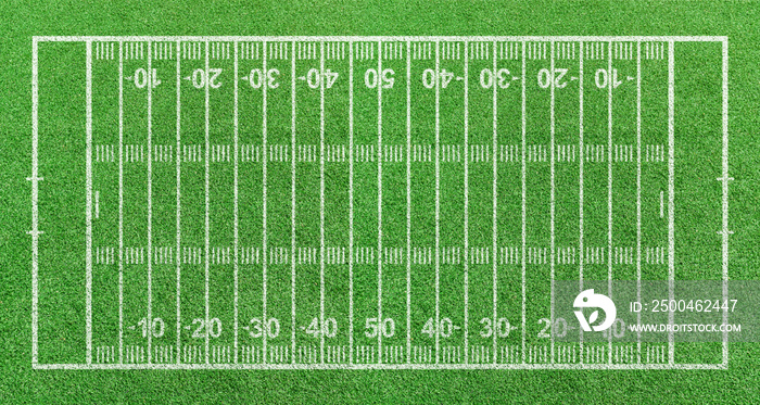 American football field, stripe grass with white pattern lines. Top view