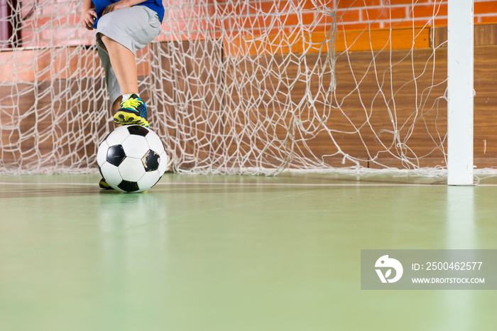 Young boy standing in the soccer goal