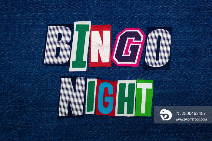 BINGO NIGHT word text collage, multi colored fabric on blue denim, game night concept, horizontal as