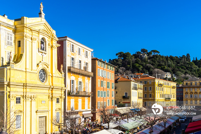 View of Cours Saleya, the famous flea market of the city and popular tourist in Nice, France