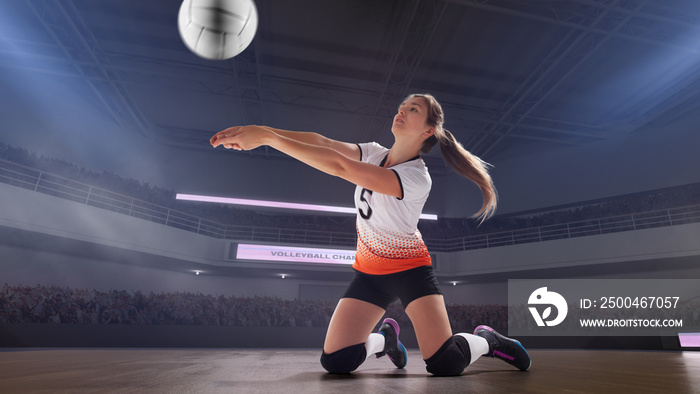 Female professional volleyball players in action on 3d stadium.