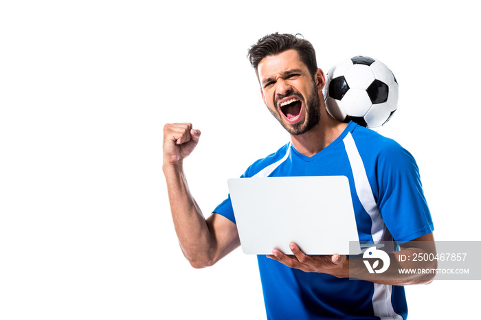 soccer player with ball using laptop and cheering Isolated On White