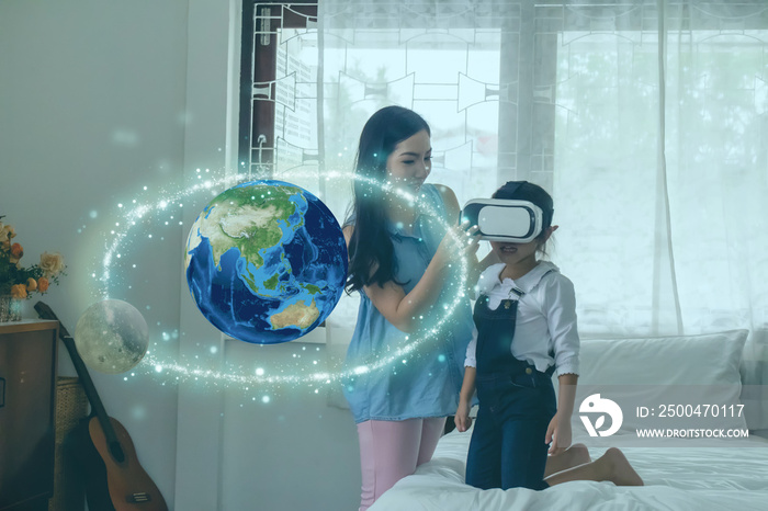 smart learning with augmented mixed virtual reality technology education concept, mother try to teac