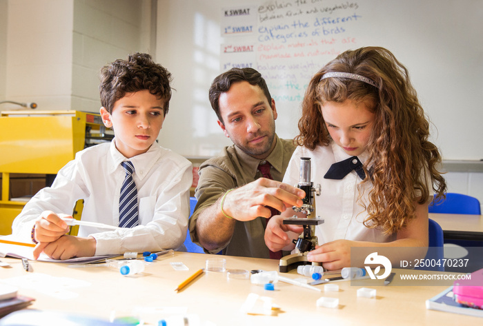 Teacher helping schoolgirl to adjust microscope