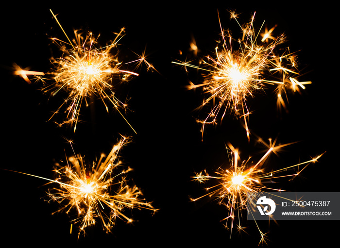 Sparkler burn set isolated on black background with clipping path